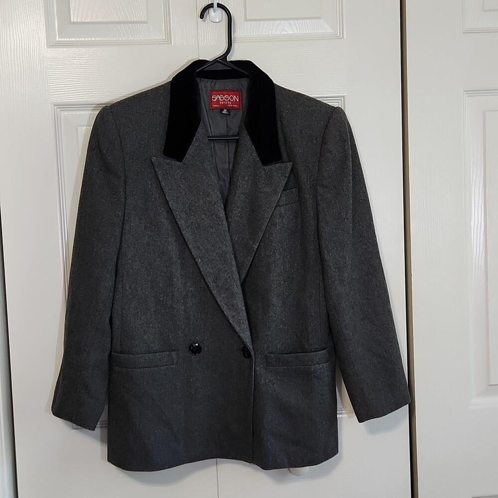 Vintage Sasson Women's Gray Black Double Breasted Wool Blend Blazer Size 10